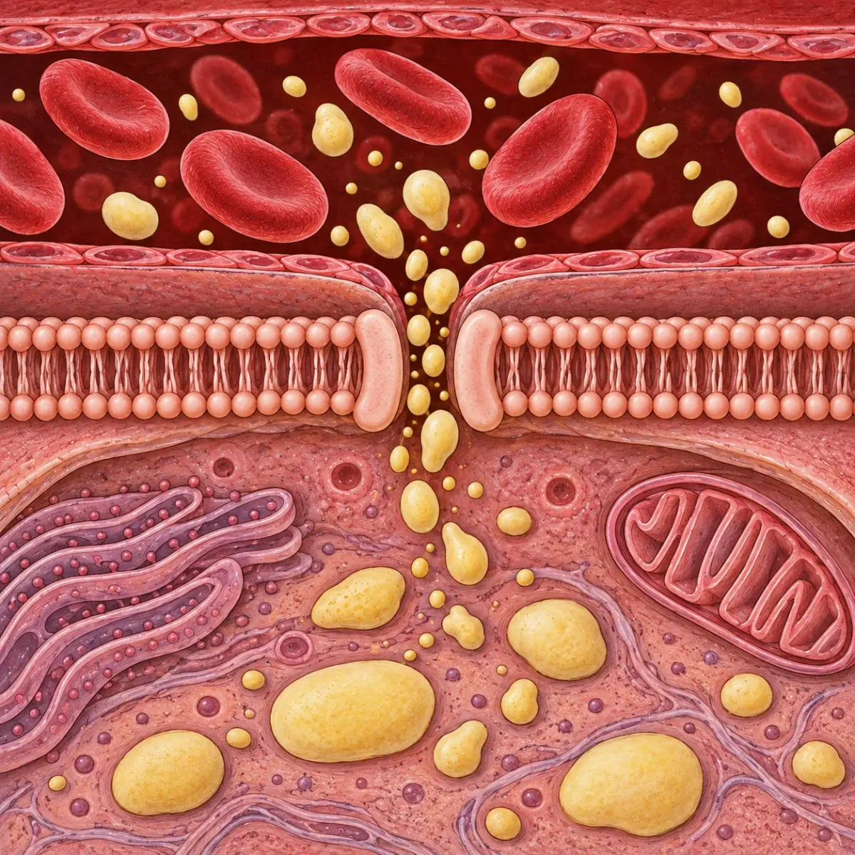 Ilustração científica da barreira intestinal com partículas atravessando o tecido