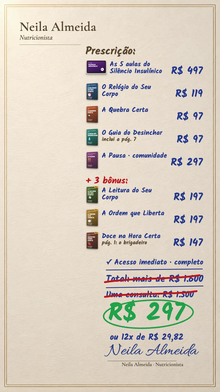Receituário da Neila: tudo o que você recebe, o total riscado e o preço de R$ 297
